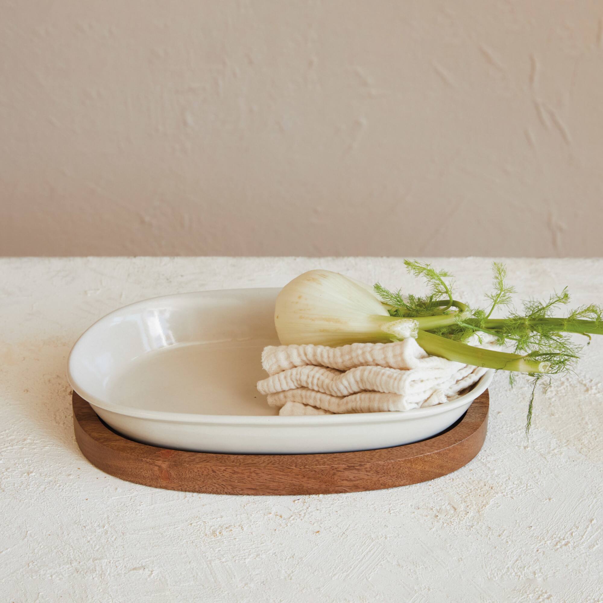 Hello Honey® 13" Cream Stoneware Serving Dish with Natural Mango Wood Base